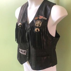 Hillside Leather Biker Vest with Fringe Patches & Pins Sz. 18